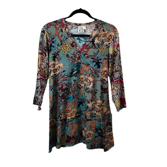Parsley & Sage Floral Paisley Bright Colors 3/4 Sleeve Lettuce Trim Tunic Top S - Picture 1 of 11